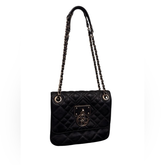 Guess Handbags - Guess Black Small Quilted Flap Chain Shoulder Bag Gold Tones Magnetic Closure